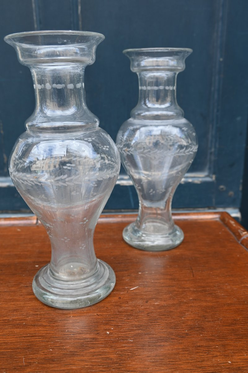 Paire de vases à jacinthes en verre gravé XIX-photo-4