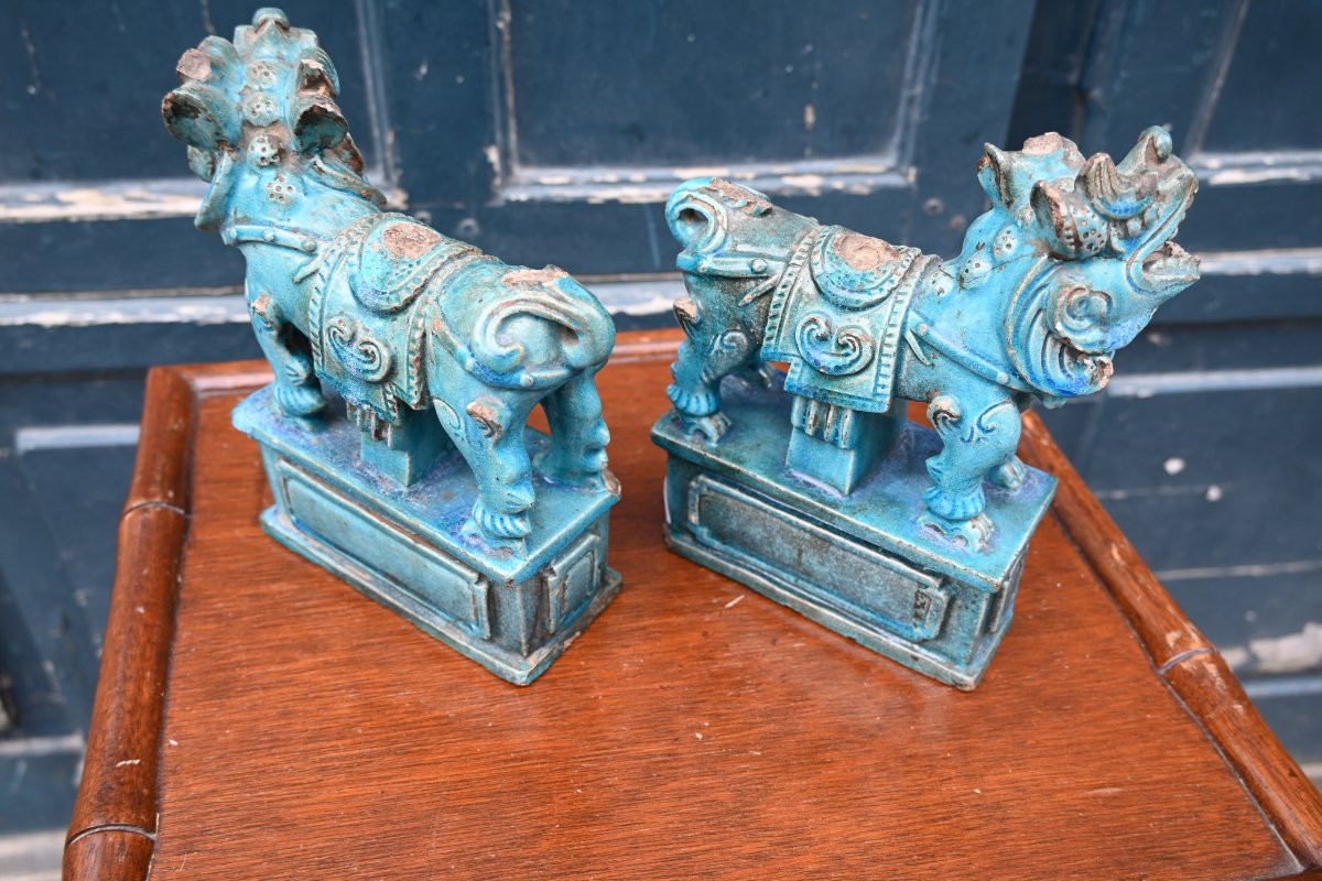 Pair Of Fô Dogs, In Glazed Stoneware, Ming Period -photo-1