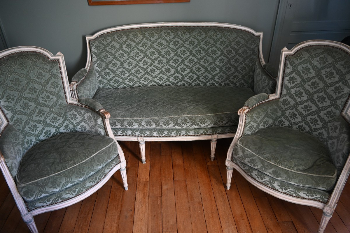 Living Room, Pair Of Armchairs Stamped By Jean, And Louis XVI Period Sofa