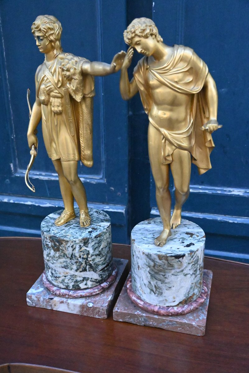 Paire de statues à l Antique  : Phèdre et Hippolyte  , en bronze doré d époque Empire-photo-2
