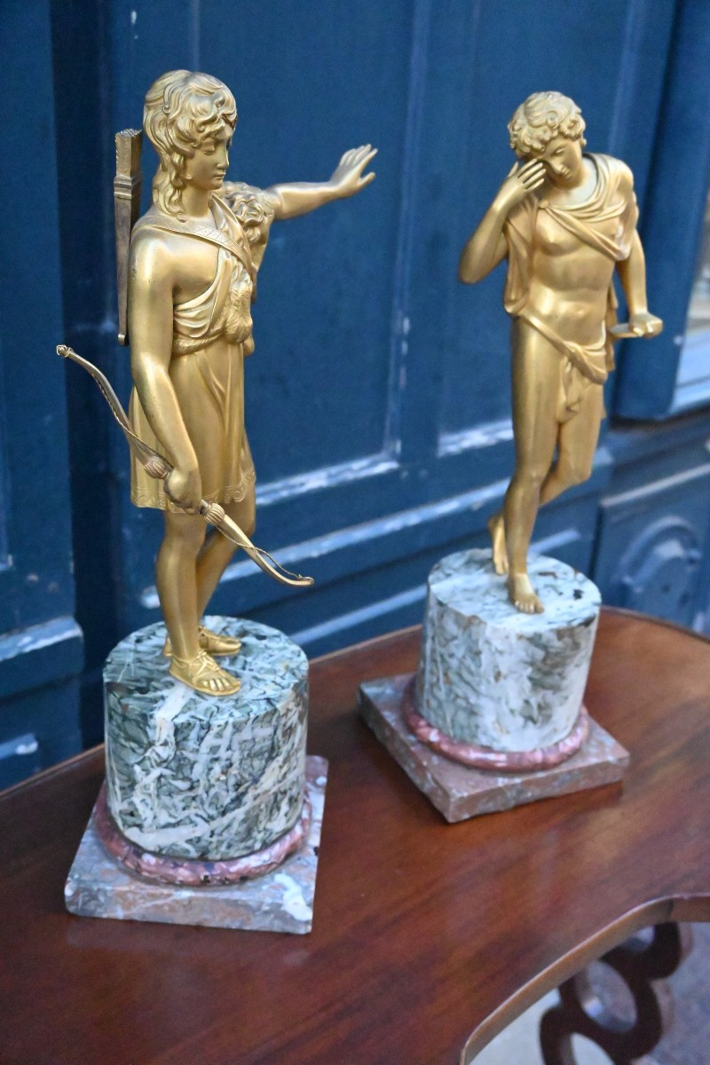 Paire de statues à l Antique  : Phèdre et Hippolyte  , en bronze doré d époque Empire