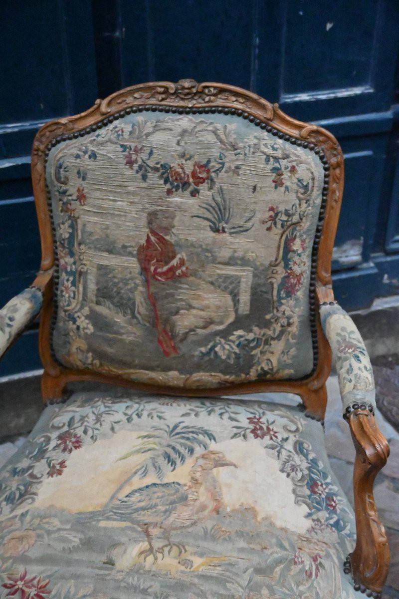 Fauteuil à dossier plat avec tapisserie aux points , d époque Louis XV-photo-2