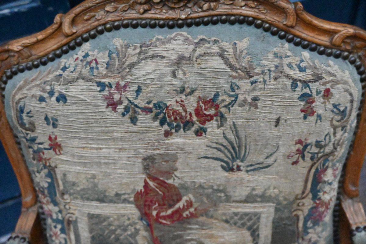 Fauteuil à dossier plat avec tapisserie aux points , d époque Louis XV-photo-3