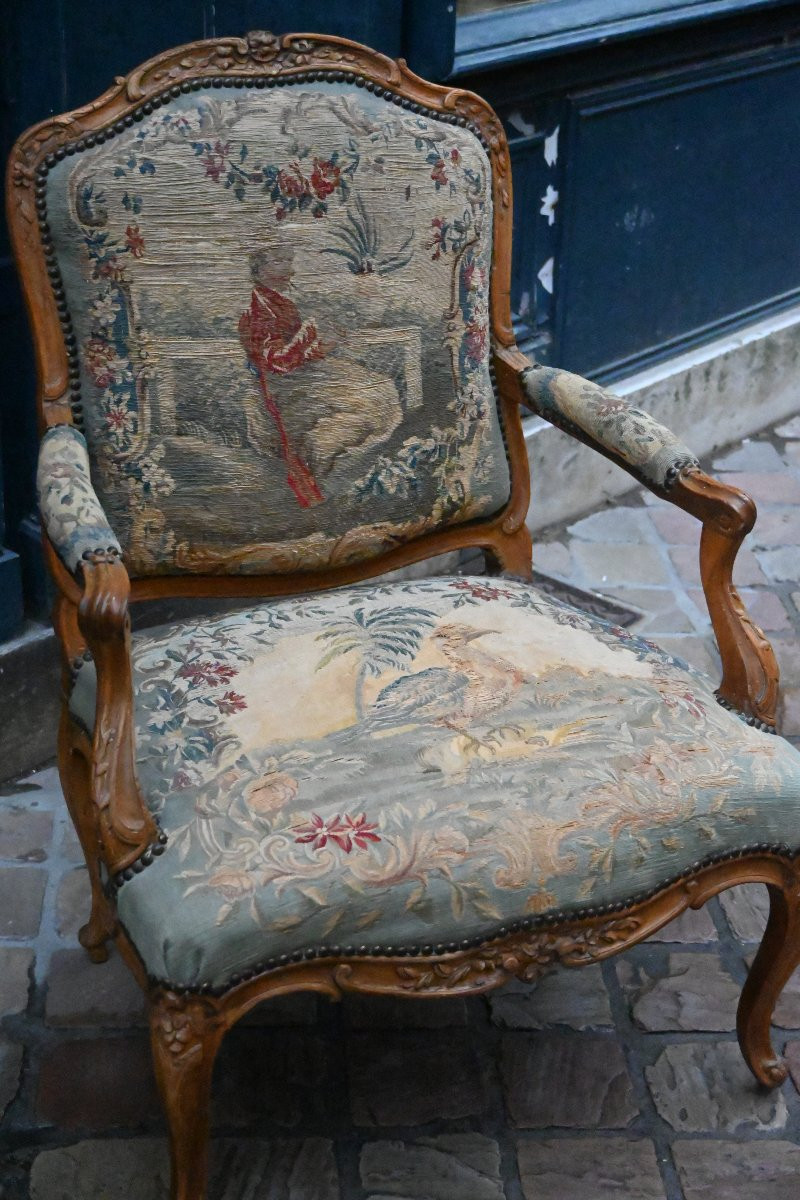 Fauteuil à dossier plat avec tapisserie aux points , d époque Louis XV-photo-3