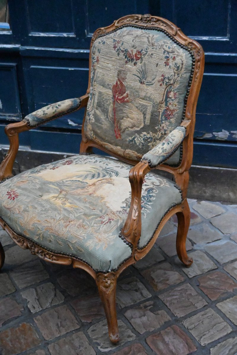 Fauteuil à dossier plat avec tapisserie aux points , d époque Louis XV-photo-4