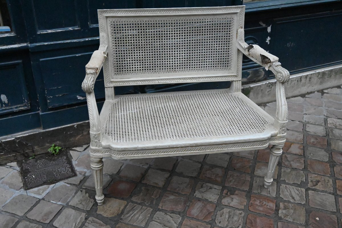   Petit canapé canné laqué gris perle Louis XVI-photo-2