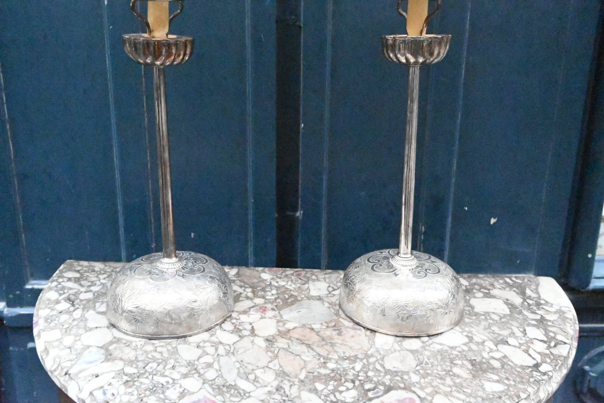 Paire de lampes bougeoirs en métal argenté , Japon XIX-photo-3
