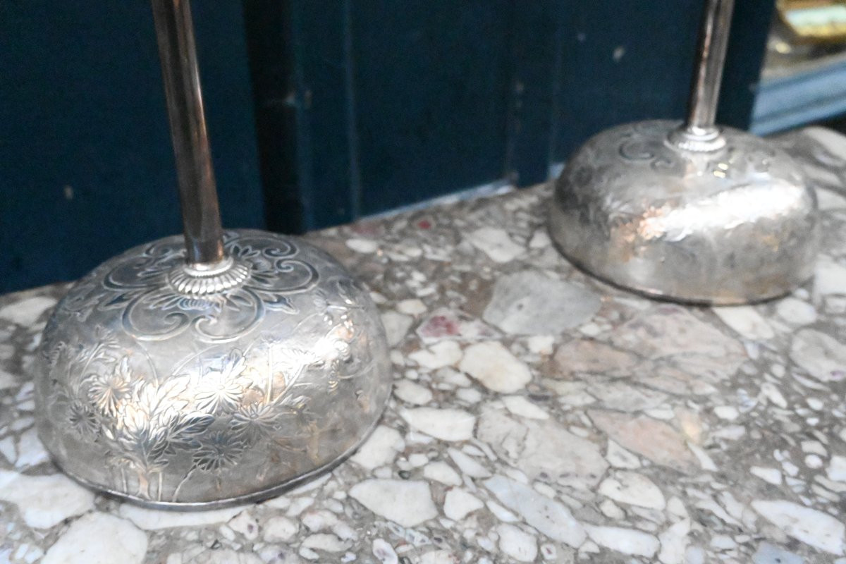 Paire de lampes bougeoirs en métal argenté , Japon XIX-photo-4