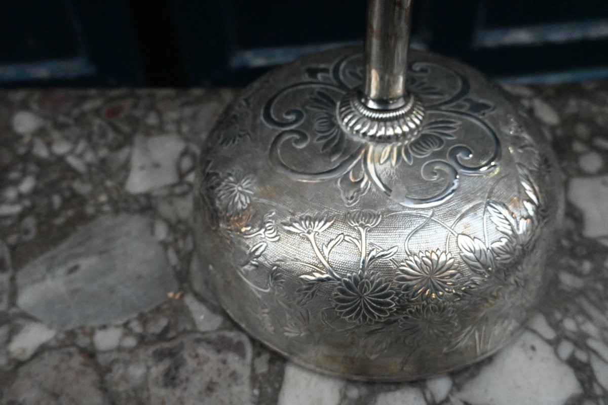 Paire de lampes bougeoirs en métal argenté , Japon XIX-photo-4