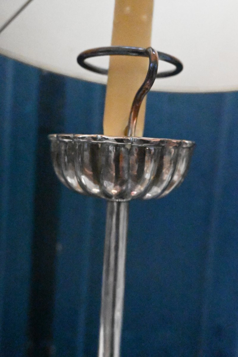 Paire de lampes bougeoirs en métal argenté , Japon XIX-photo-5