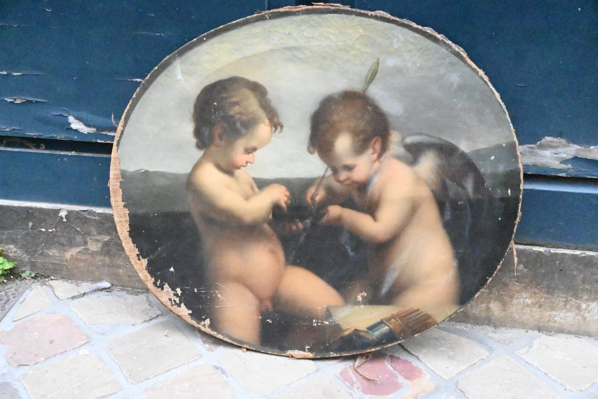 Huile sur toile XIX  Deux amours -photo-2
