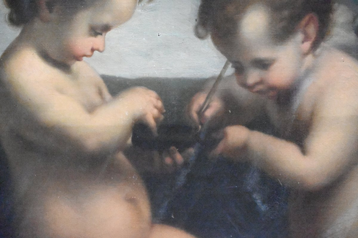 Huile sur toile XIX  Deux amours -photo-3