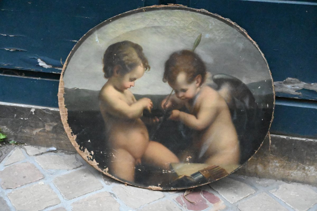 Huile sur toile XIX  Deux amours -photo-5