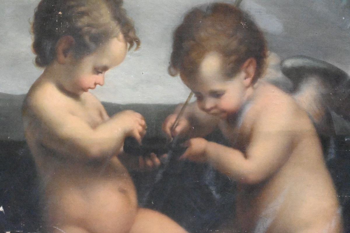 Huile sur toile XIX  Deux amours 