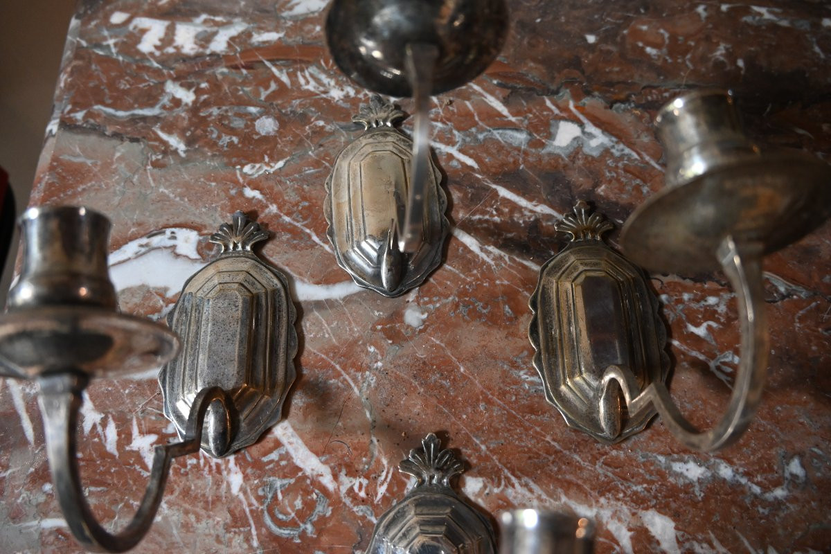 Rare suite de 4 appliques à un bras de lumière en bronze argenté d époque début XVIII-photo-2