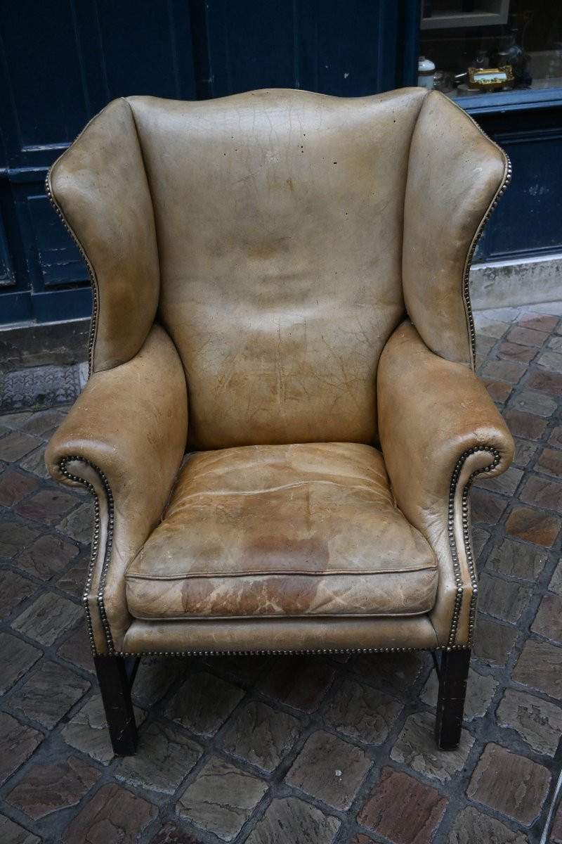 Fauteuil à oreilles en cuir gold , d époque George III-photo-2