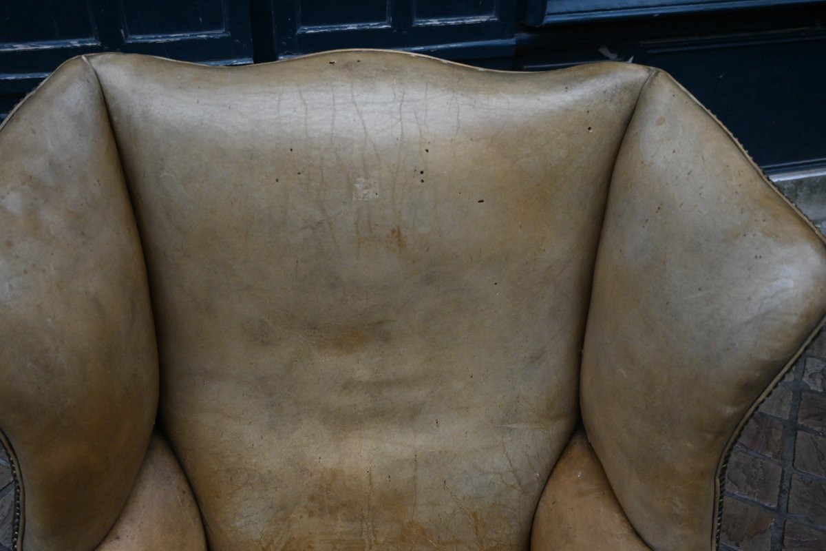 Fauteuil à oreilles en cuir gold , d époque George III-photo-3