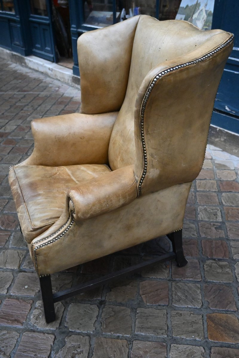 Fauteuil à oreilles en cuir gold , d époque George III-photo-3