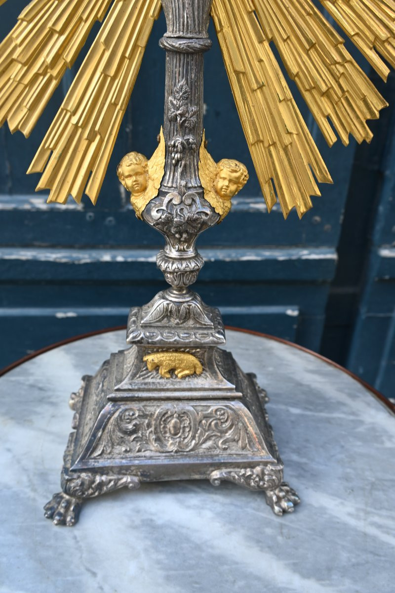 Important ostensoir en bronze argenté et doré , du XIX -photo-3