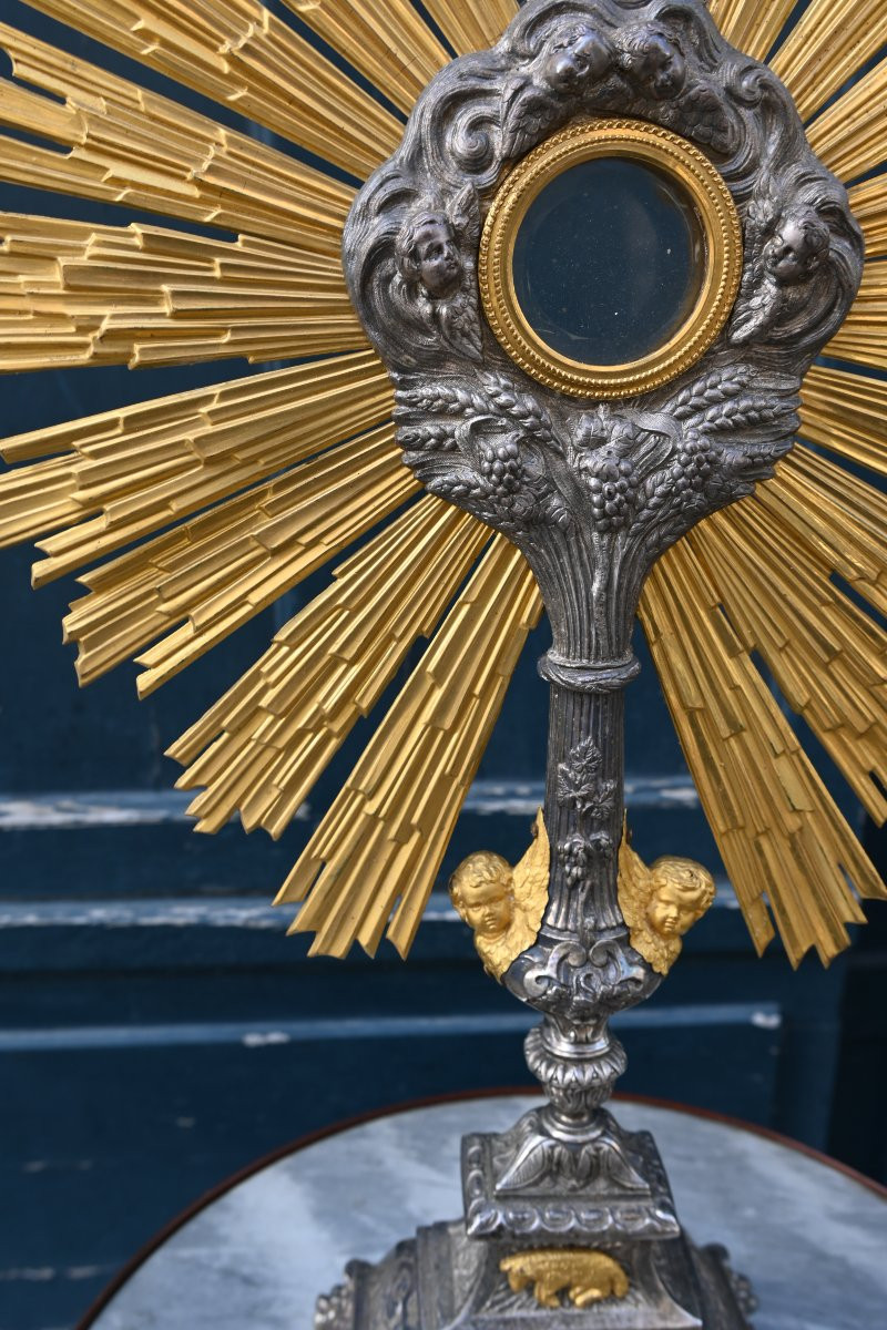 Important ostensoir en bronze argenté et doré , du XIX -photo-4
