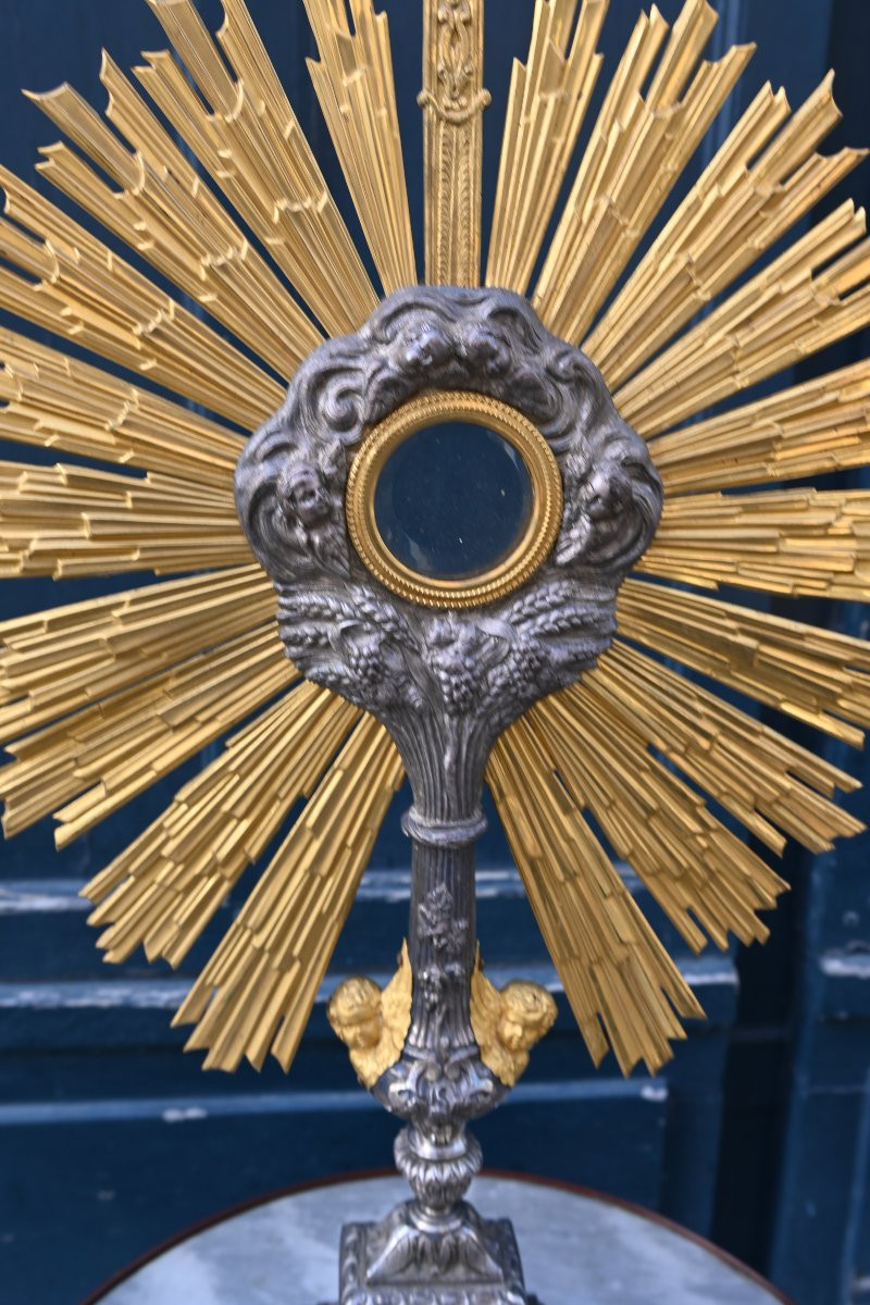 Important ostensoir en bronze argenté et doré , du XIX -photo-5