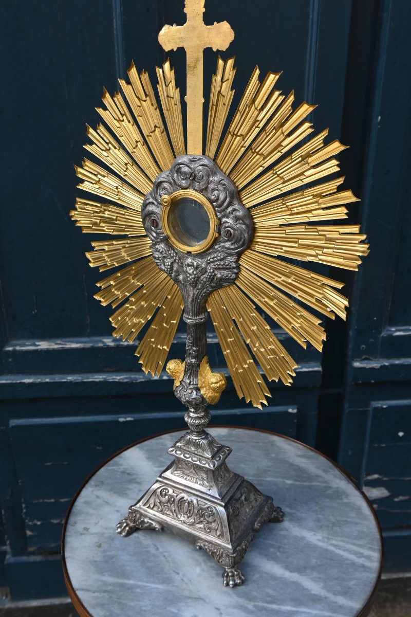Important ostensoir en bronze argenté et doré , du XIX -photo-7