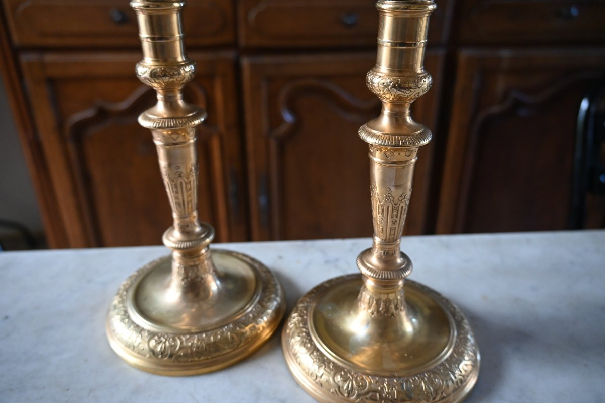 Beautiful Pair Of Louis XIV Period Candlesticks In Gilded Bronze -photo-2