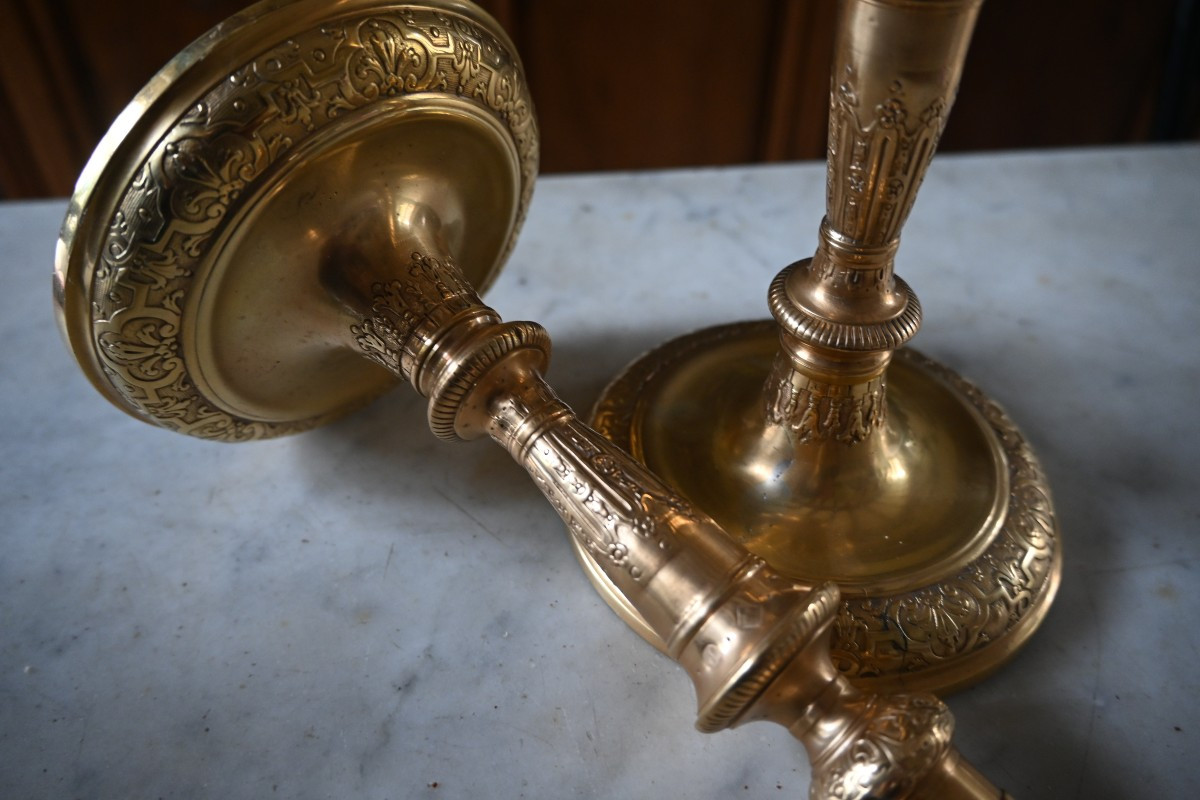 Beautiful Pair Of Louis XIV Period Candlesticks In Gilded Bronze 