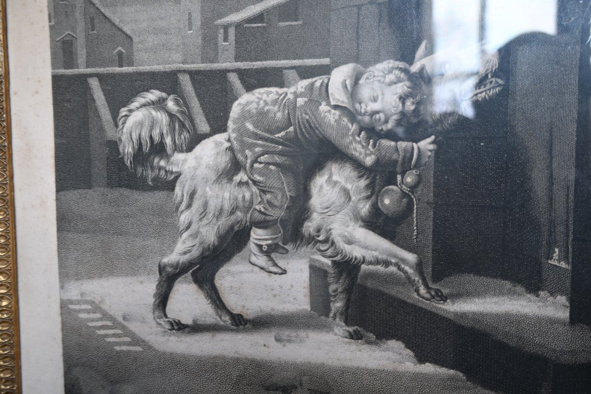 Paire de gravures du XIX  chiens , dans des cadres Empire du XIX-photo-1
