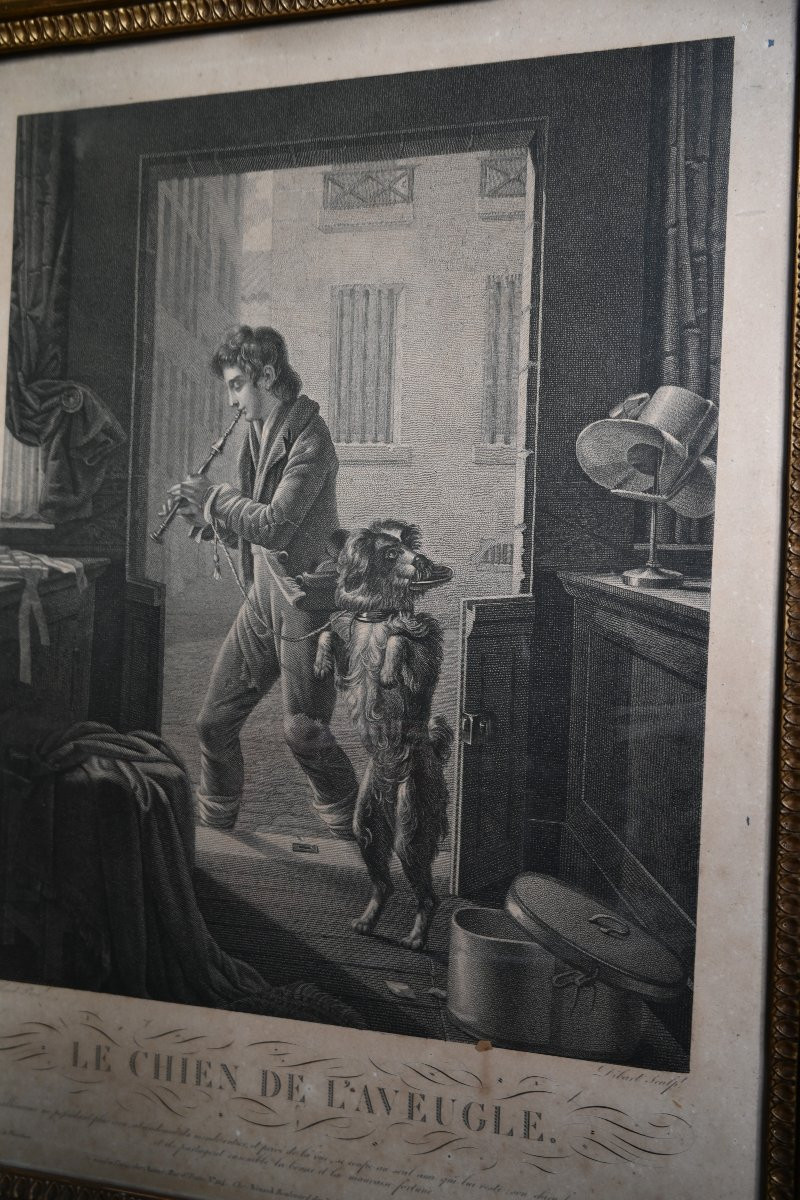 Paire de gravures du XIX  chiens , dans des cadres Empire du XIX-photo-2