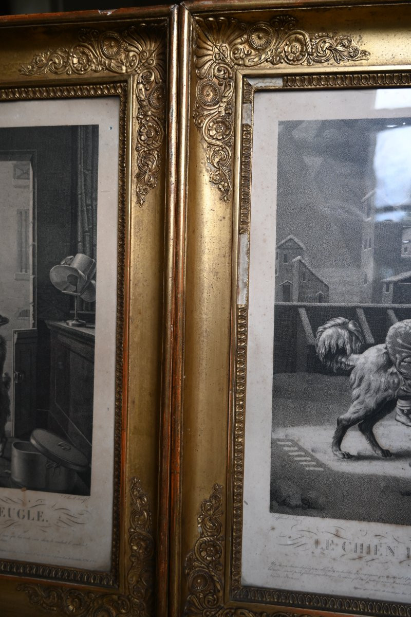 Paire de gravures du XIX  chiens , dans des cadres Empire du XIX-photo-5