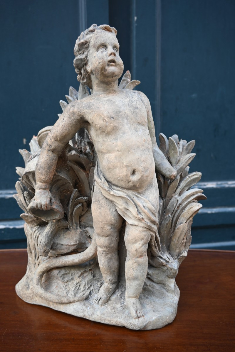 Terre cuite XVIII enfant aux roseaux Allégorie d une source 