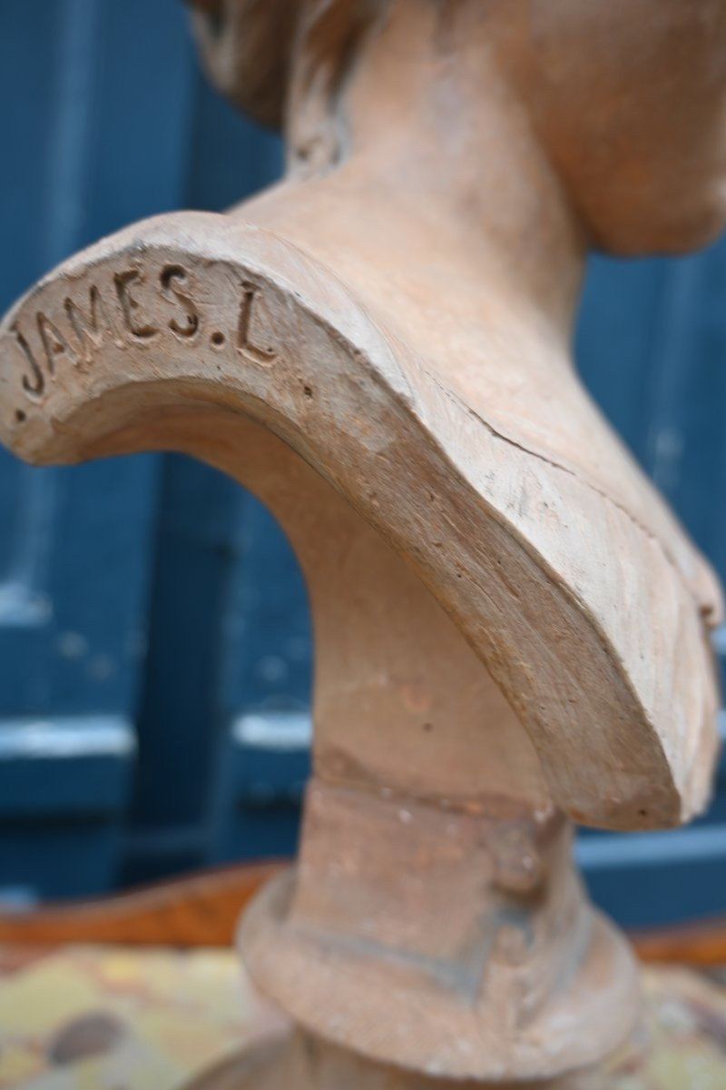 Buste en terre cuite , jeune fille signée de James XIX-photo-2