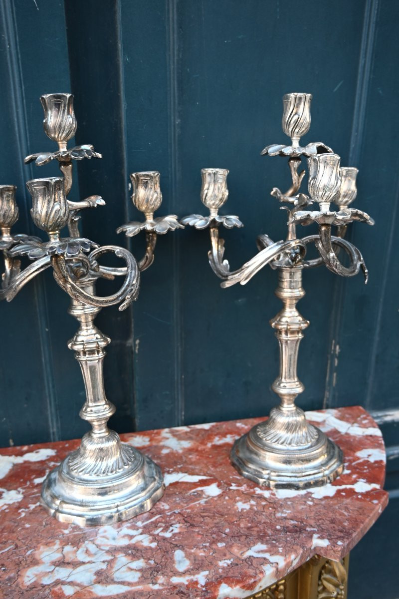 Suite de 4 candélabres en bronze argenté de style Louis XV-photo-5