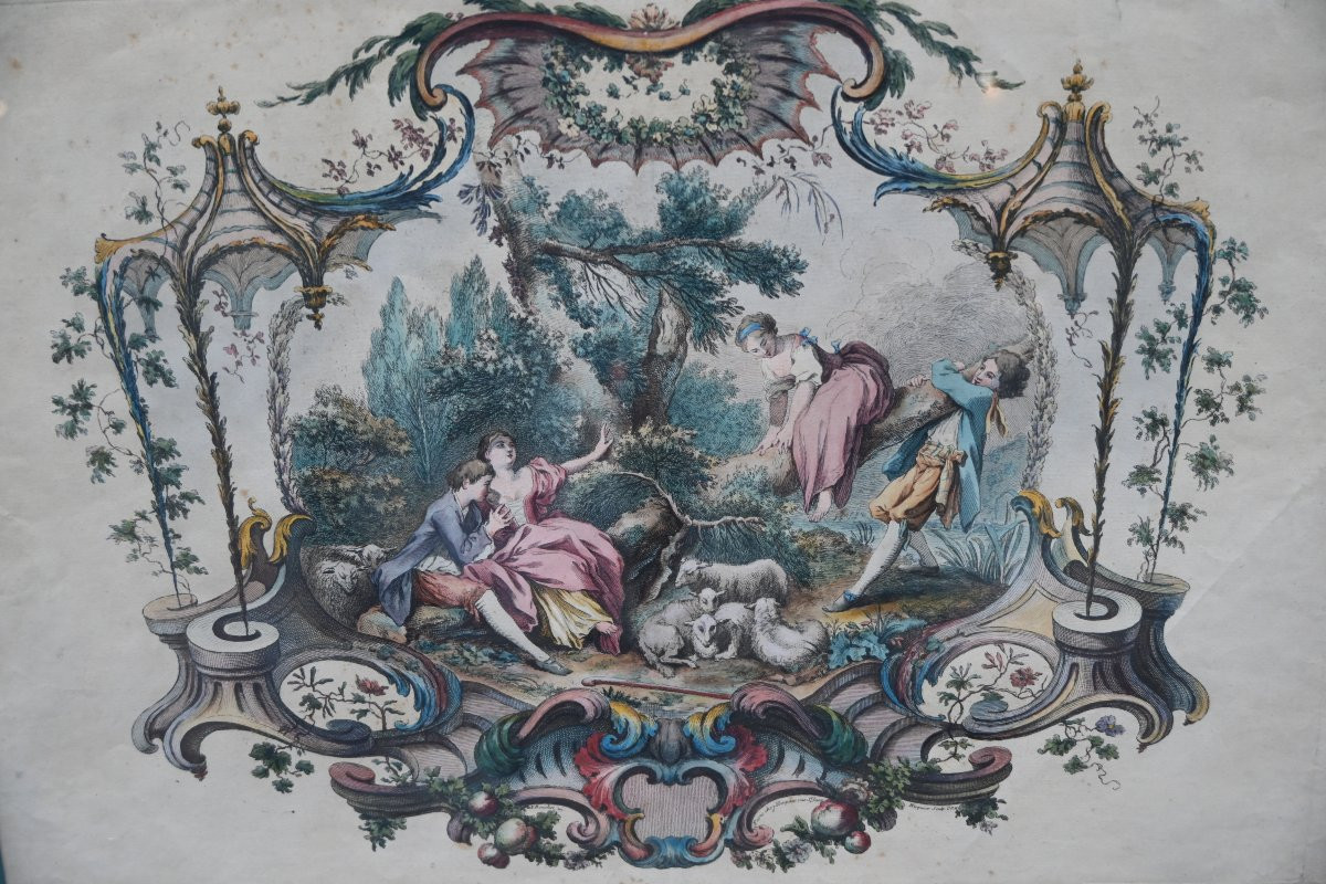 18th-century Engraving, Etching And Burin, Pastoral Scene Engraved By Huquier-photo-1
