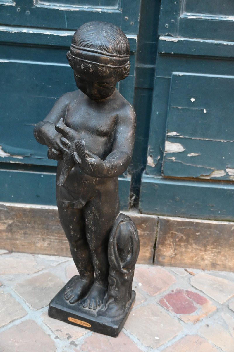 Sculpture en plomb de jardin jeune garçon à l oiseau d après Bridan-photo-2