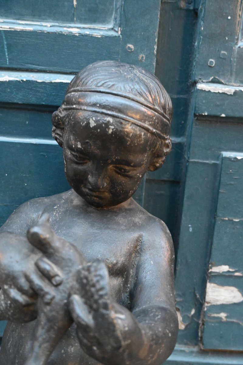 Sculpture en plomb de jardin jeune garçon à l oiseau d après Bridan-photo-3