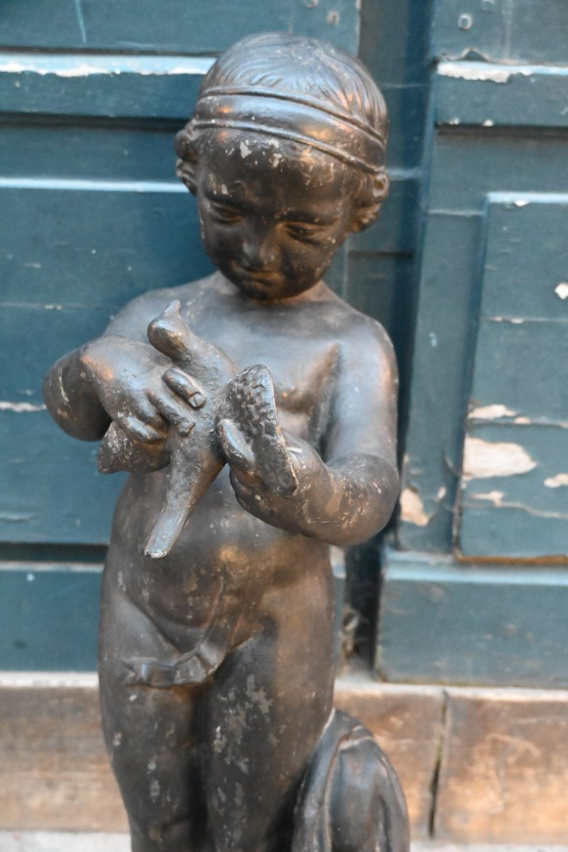 Sculpture en plomb de jardin jeune garçon à l oiseau d après Bridan-photo-2