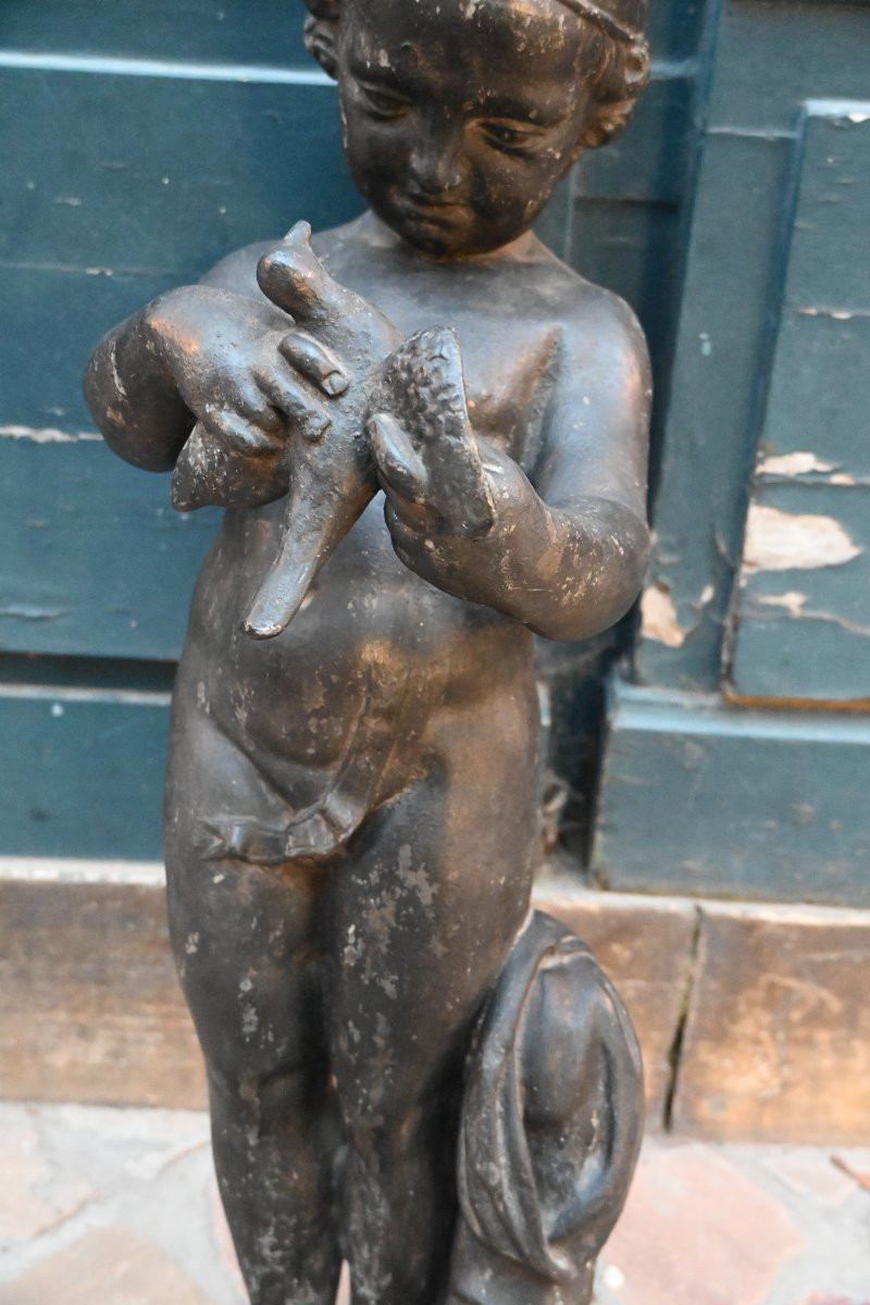 Sculpture en plomb de jardin jeune garçon à l oiseau d après Bridan-photo-3