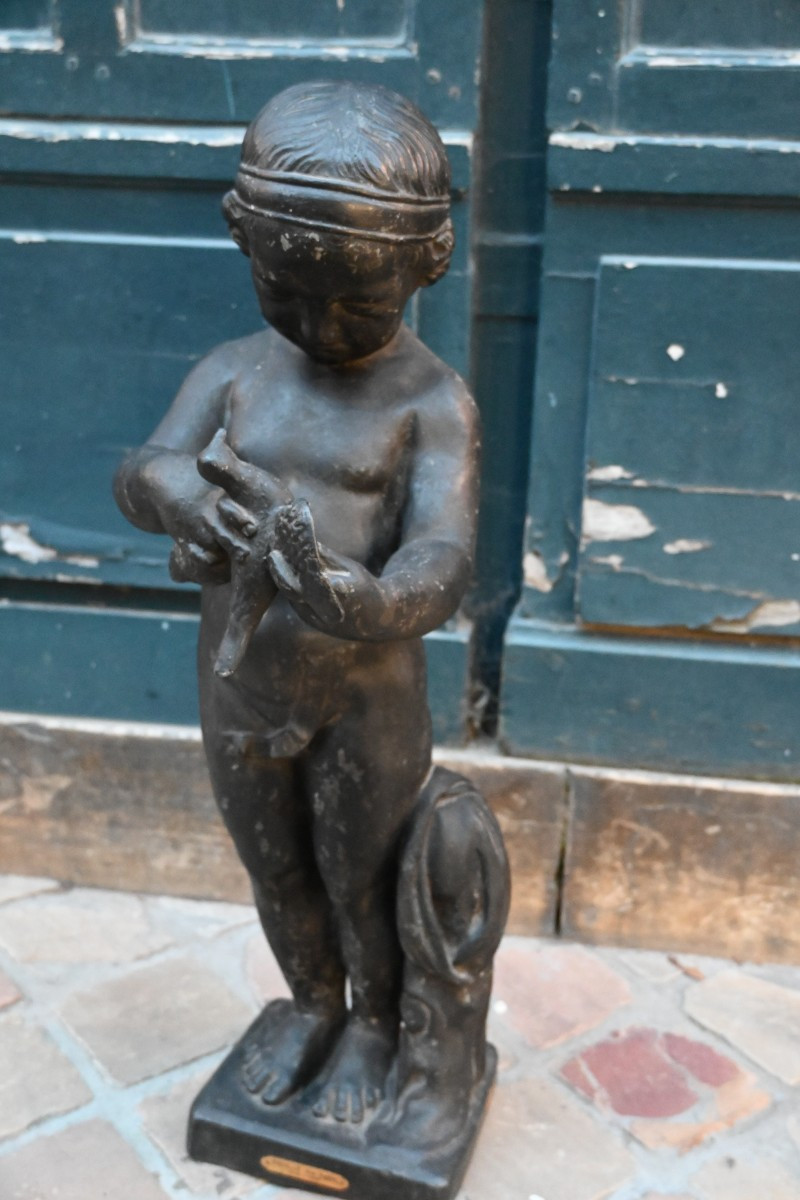 Sculpture en plomb de jardin jeune garçon à l oiseau d après Bridan