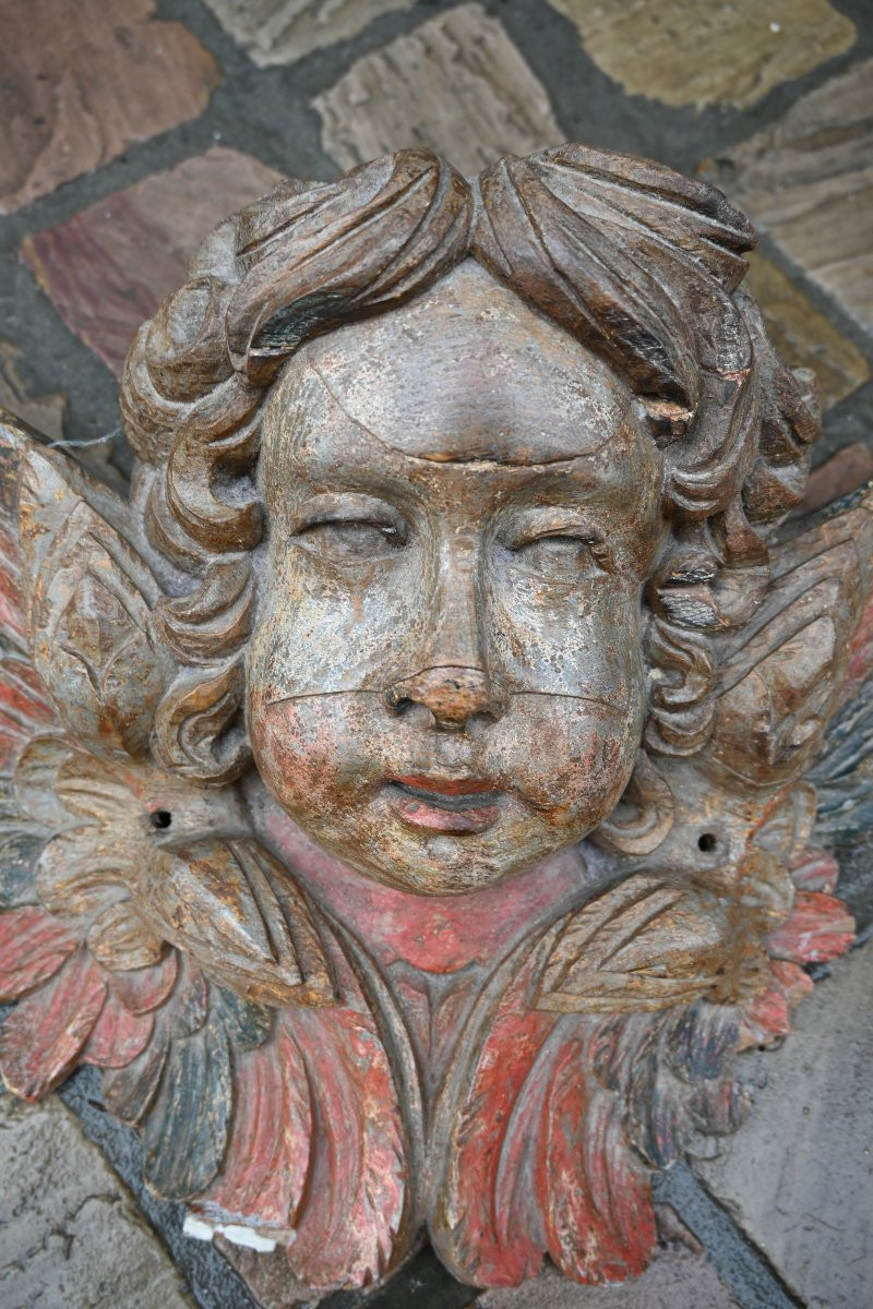 Grande sculpture tête d ange en chêne polychrome d époque Louis XIV-photo-2