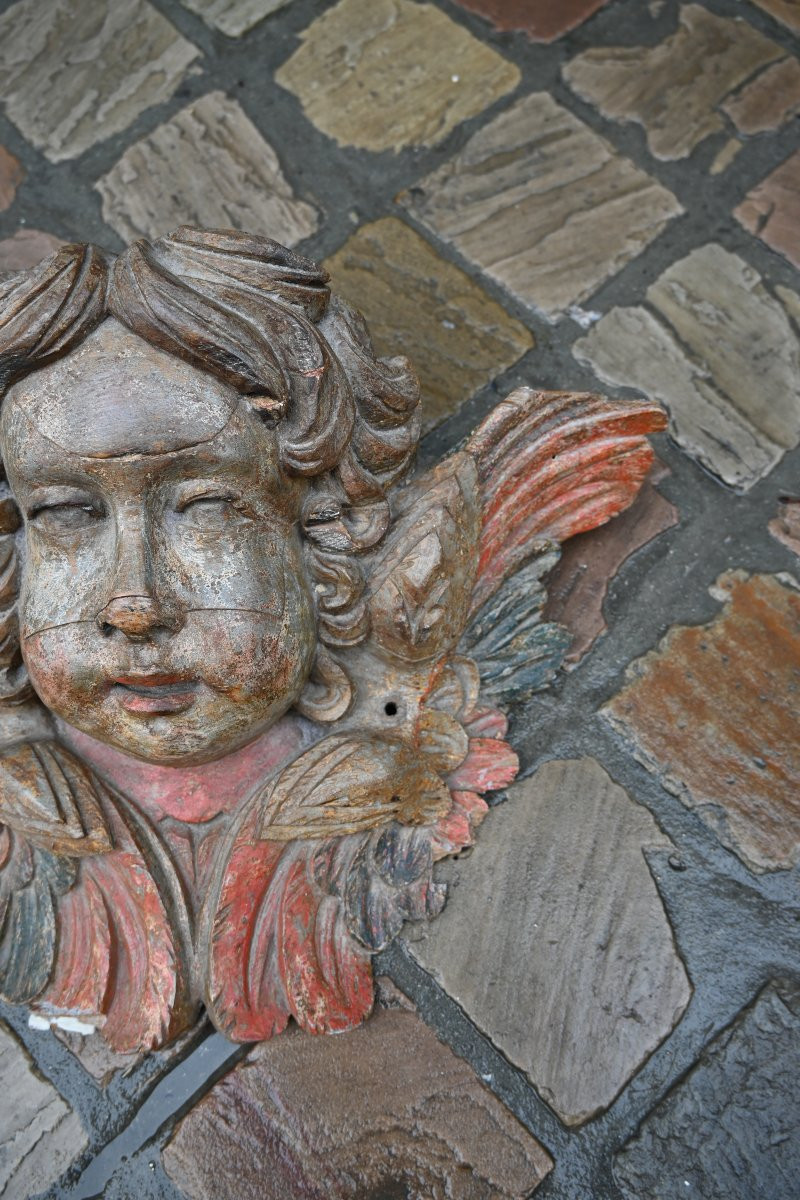 Grande sculpture tête d ange en chêne polychrome d époque Louis XIV-photo-4