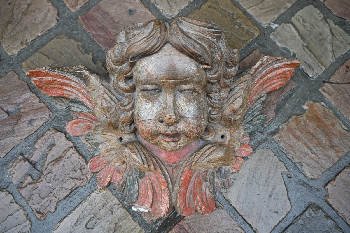 Grande sculpture tête d ange en chêne polychrome d époque Louis XIV-photo-5