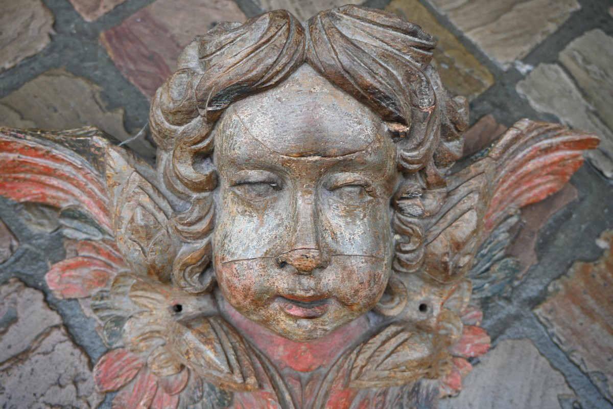 Grande sculpture tête d ange en chêne polychrome d époque Louis XIV-photo-6