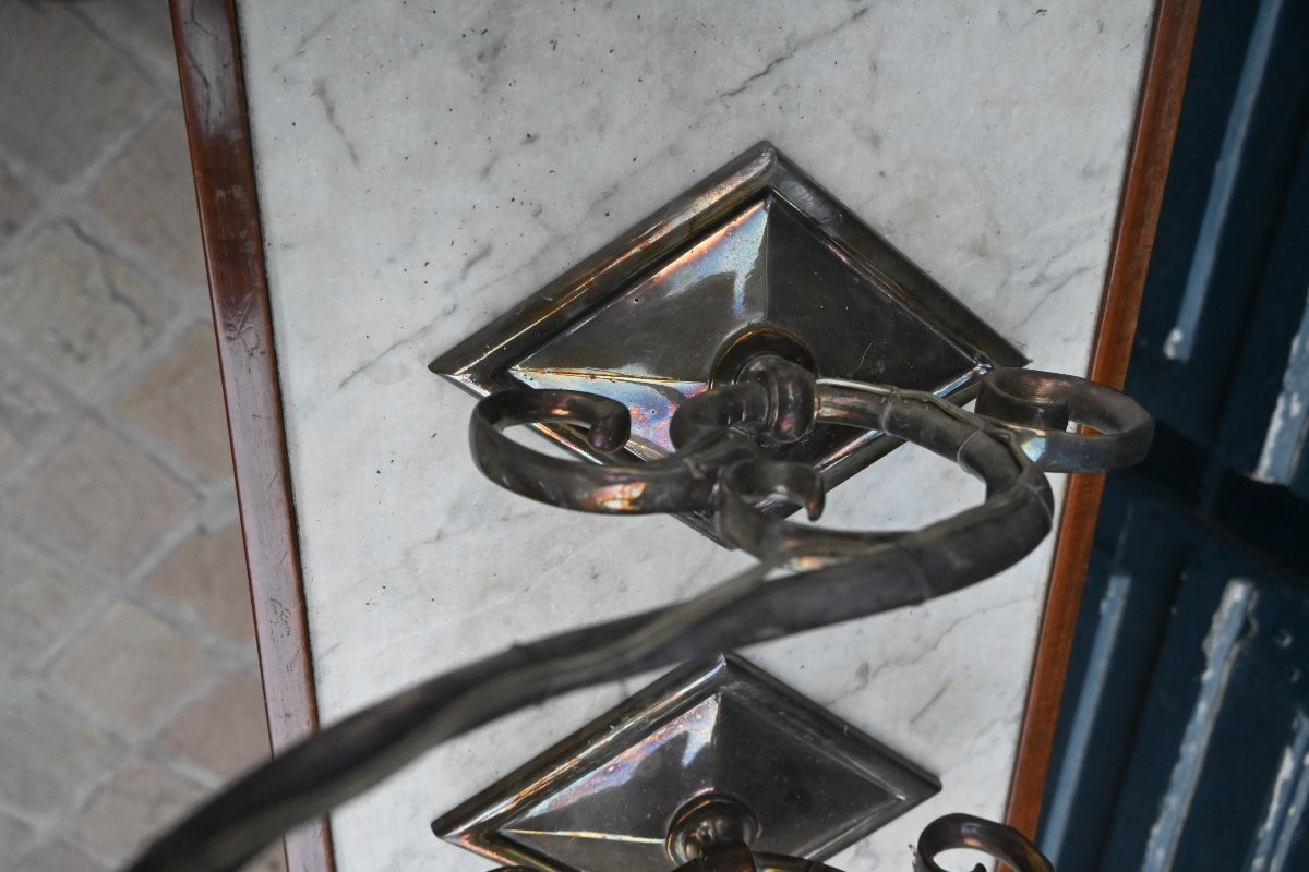 Pair Of Elegant Silver-plated Metal Wall Sconces, Jansen House-photo-3