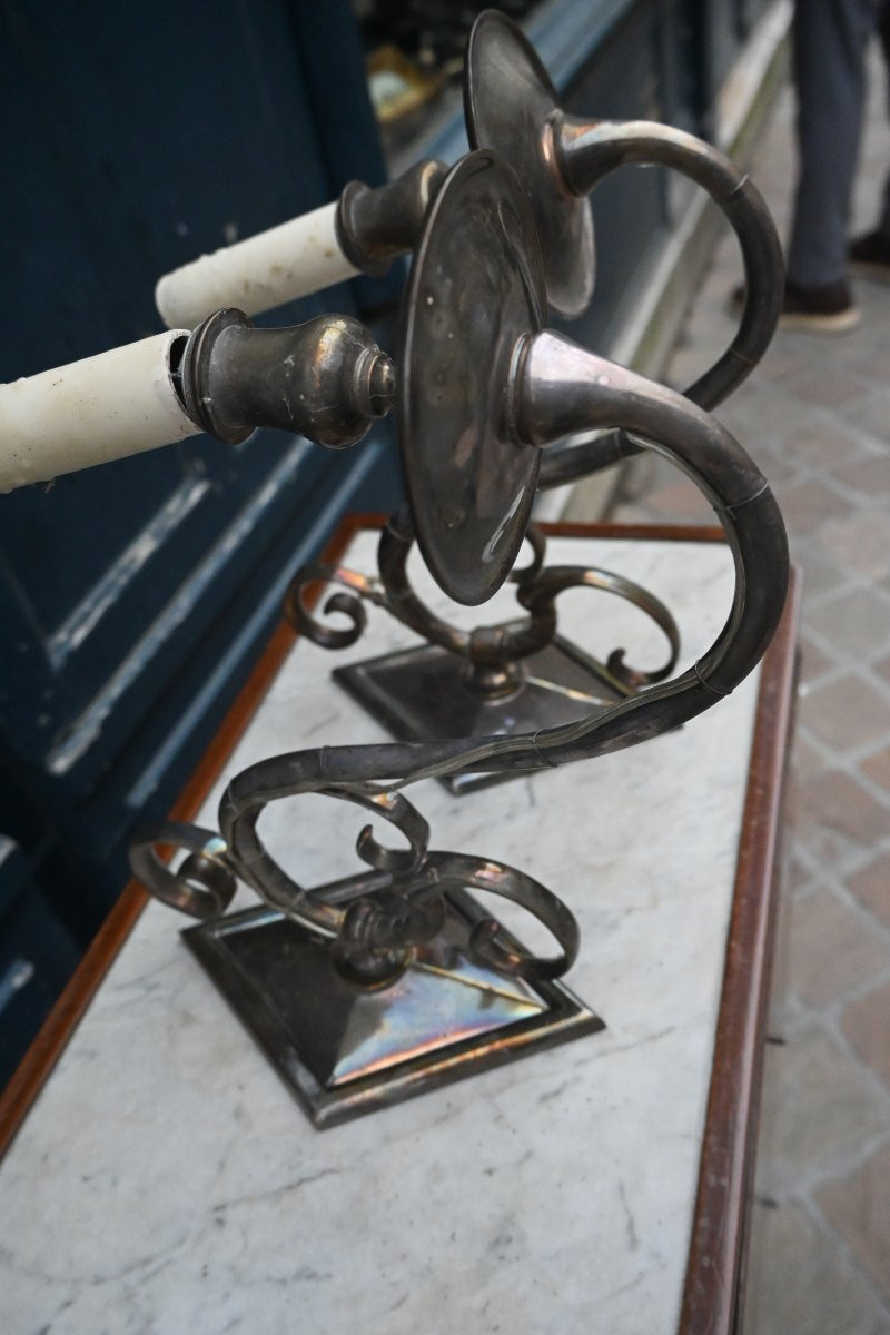 Pair Of Elegant Silver-plated Metal Wall Sconces, Jansen House-photo-4