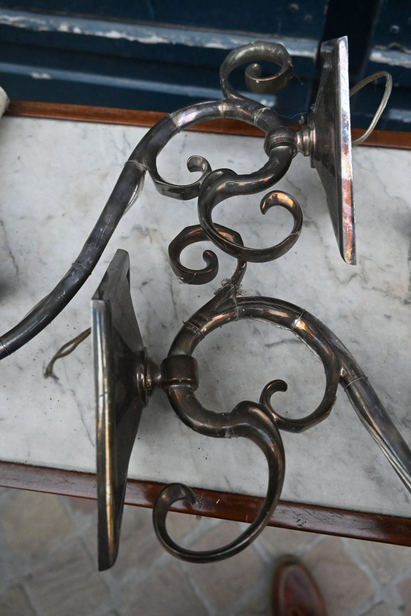 Pair Of Elegant Silver-plated Metal Wall Sconces, Jansen House-photo-2
