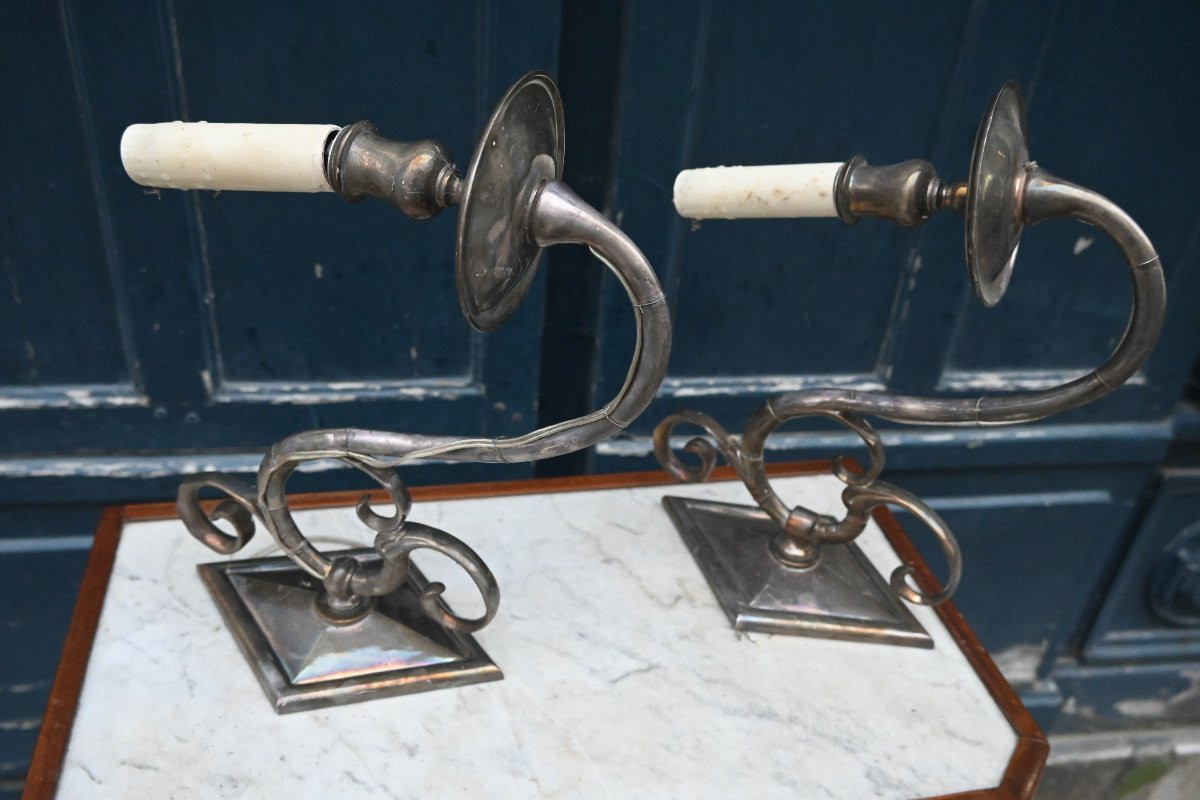 Pair Of Elegant Silver-plated Metal Wall Sconces, Jansen House-photo-4