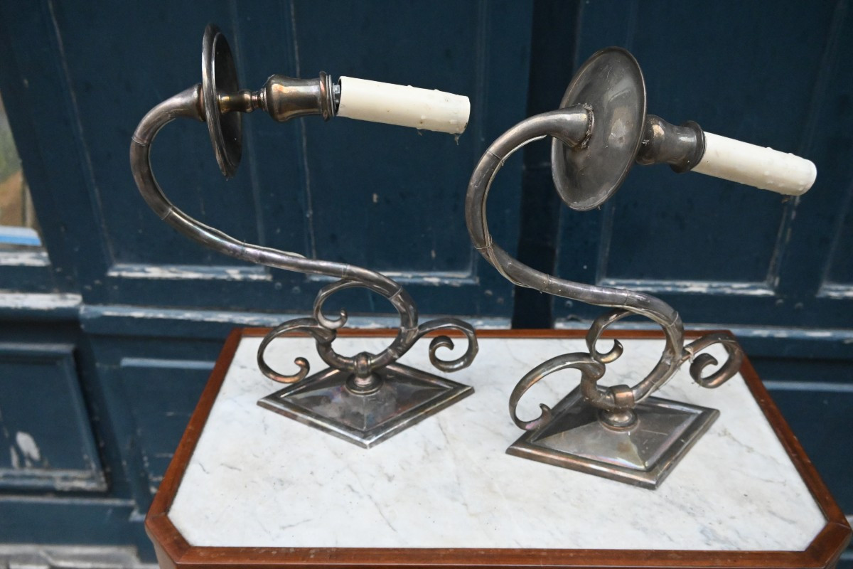 Pair Of Elegant Silver-plated Metal Wall Sconces, Jansen House