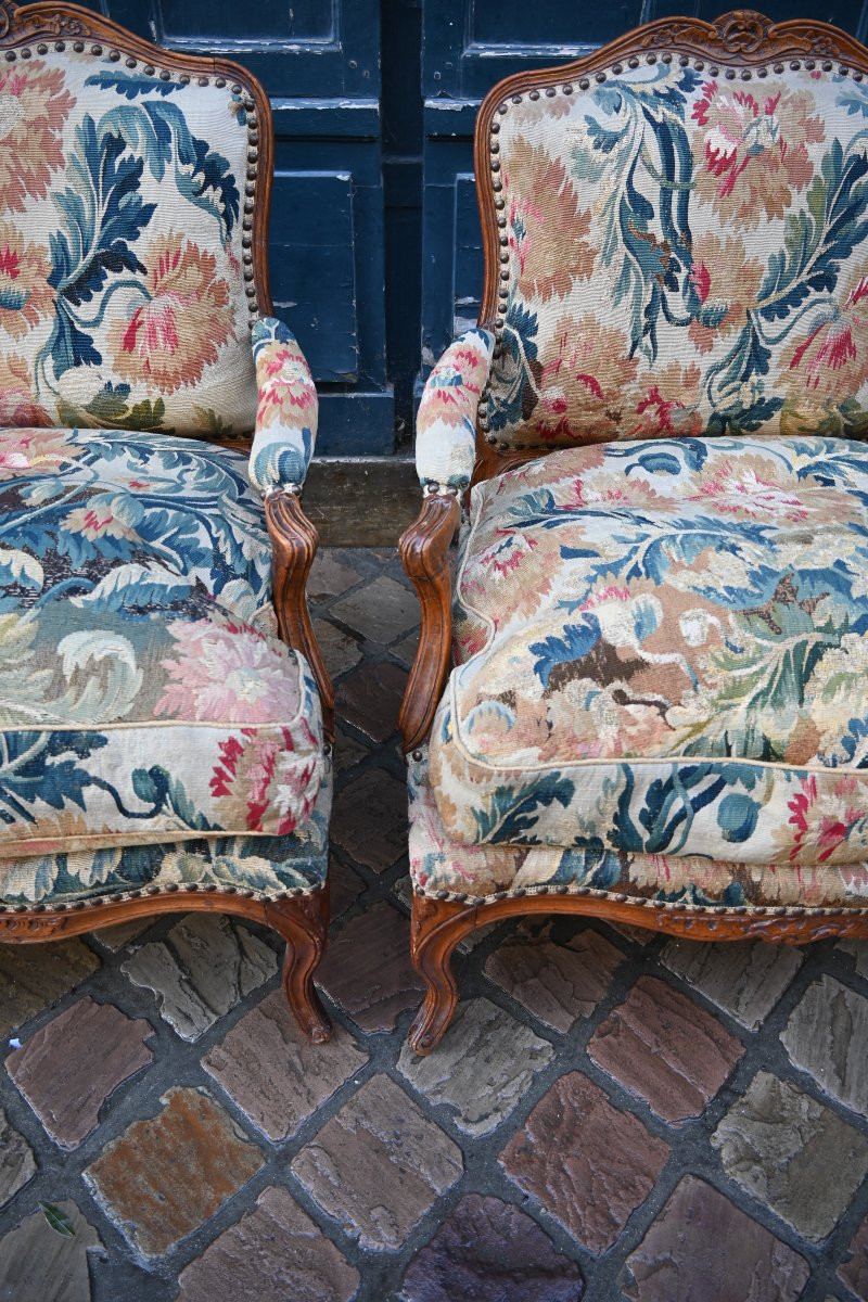 Pair Of Beautiful Queen Anne Armchairs Upholstered In 18th-century Pointillist Tapestries-photo-4